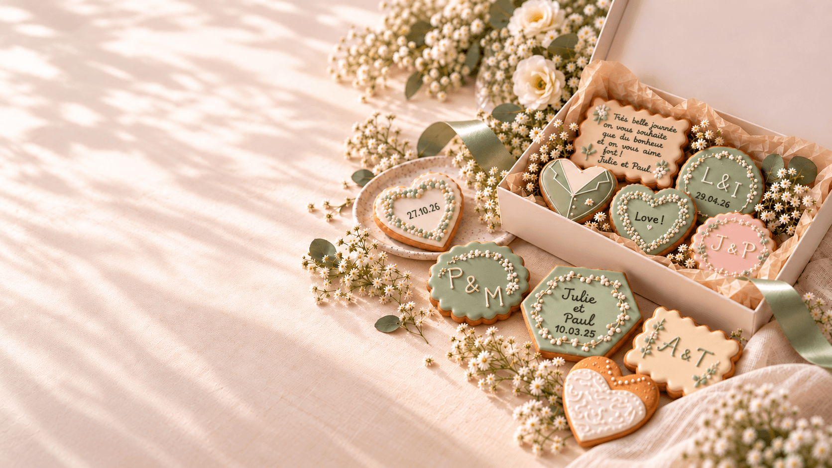 Coffret de biscuits glacés personnalisés aux initiales et prénoms des mariés, entouré de gypsophile