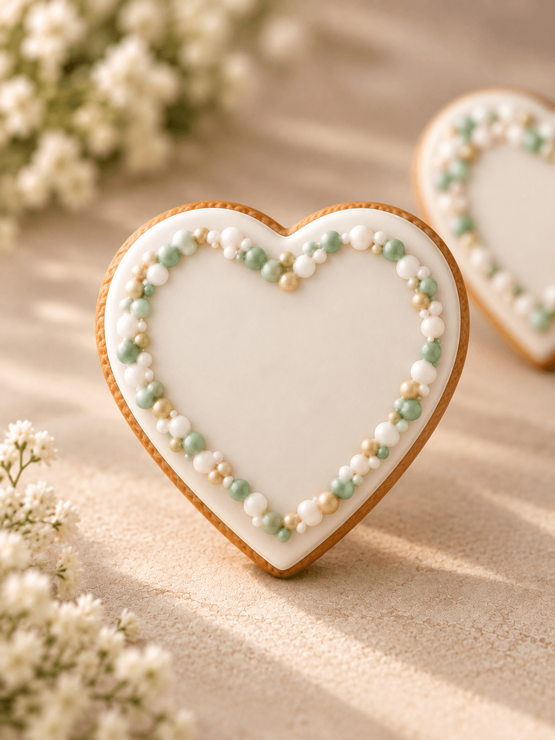 Biscuit en cœur glacé ivoire bordé d'une couronne de perles sauge, blanches et dorées