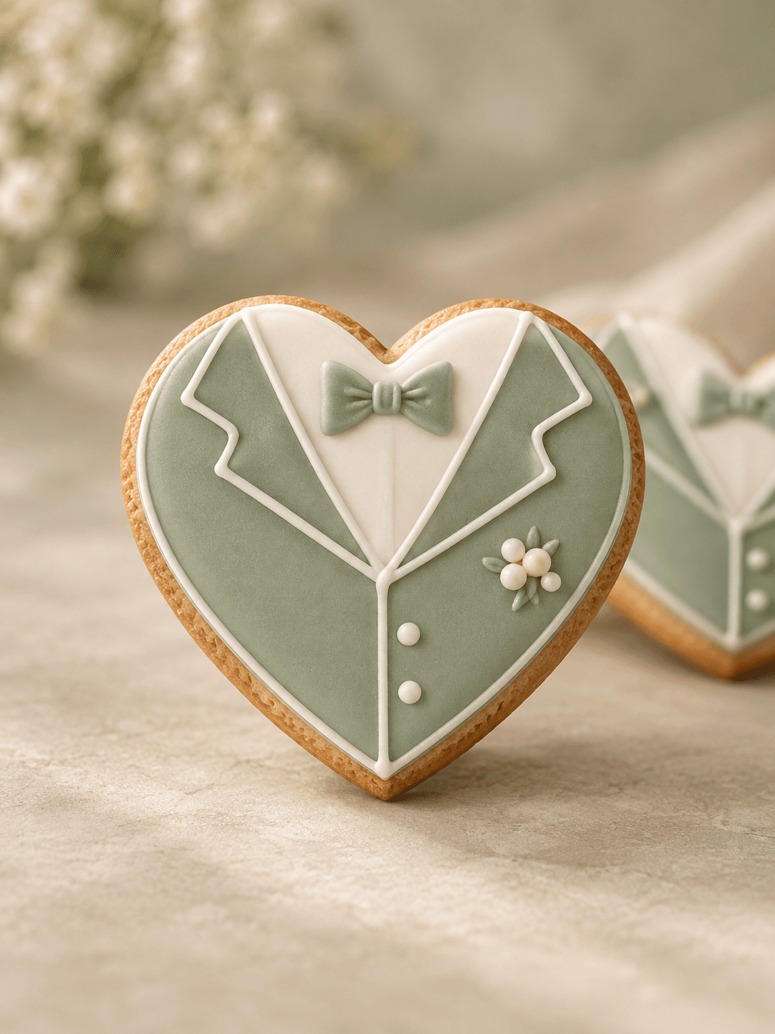 Biscuit en cœur glacé vert sauge dessinant un costume de marié, avec nœud papillon et boutonnière fleurie