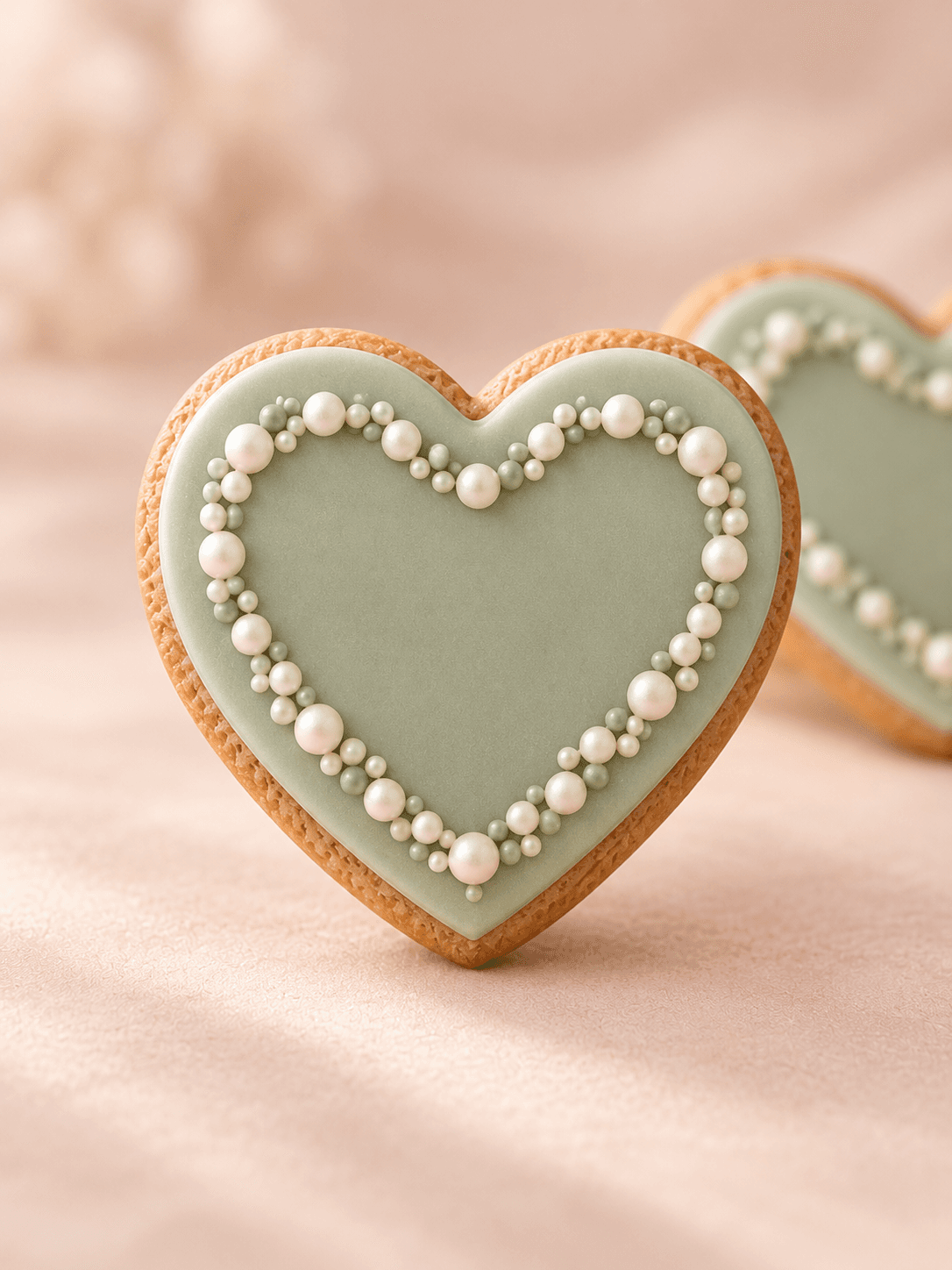 Biscuit en cœur glacé vert sauge bordé d'une couronne de perles ivoire et vertes