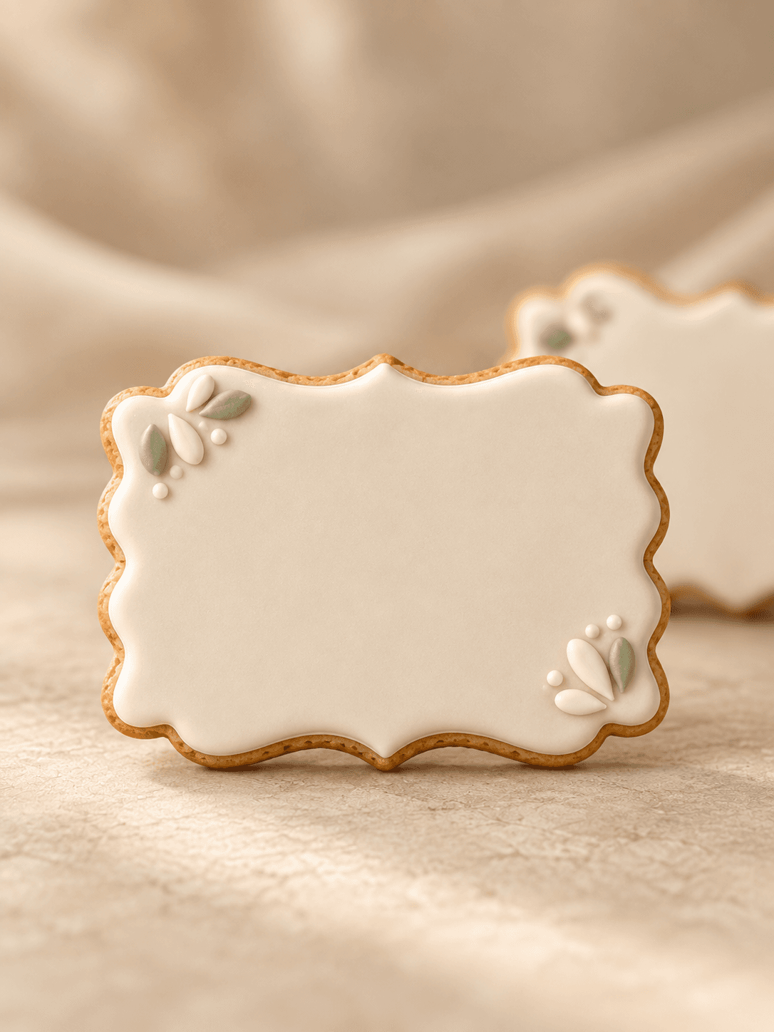 Biscuit en forme de cadre baroque glacé ivoire, orné de feuillages vert sauge, prêt à être personnalisé