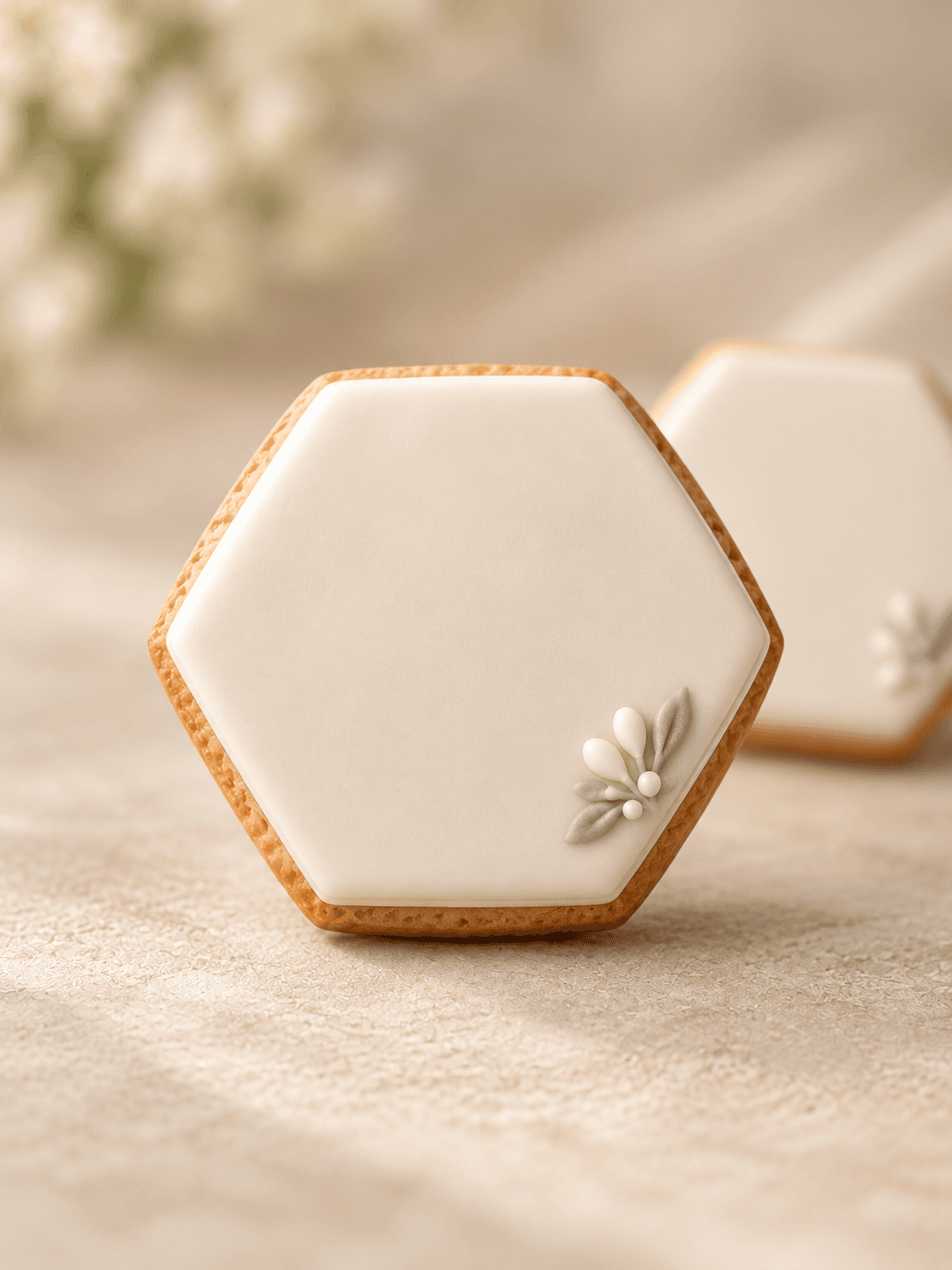 Biscuit hexagonal glacé ivoire avec un petit brin fleuri vert sauge dans le coin