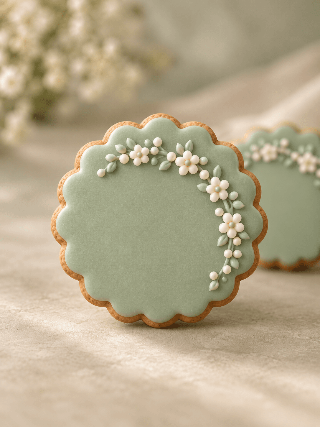 Biscuit médaillon festonné glacé vert sauge, orné d'une guirlande de petites fleurs blanches